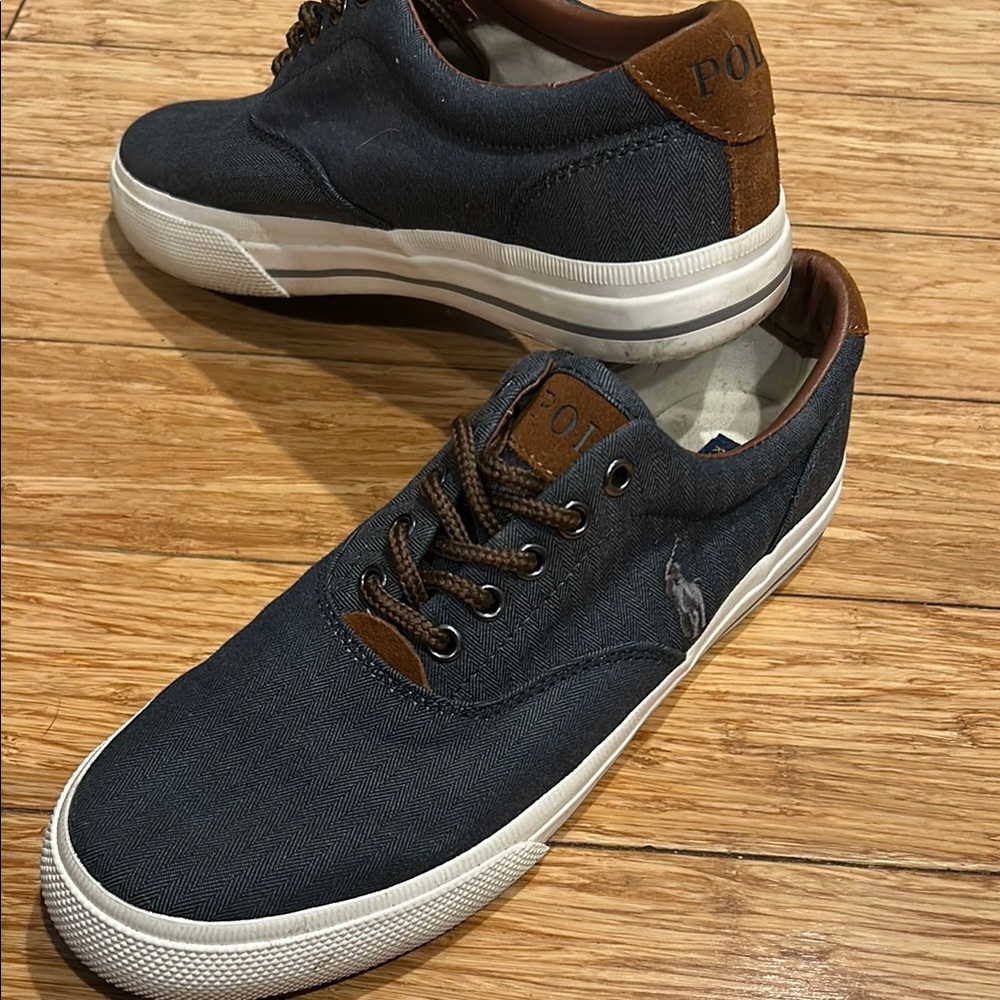 Polo by Ralph Lauren Blue Herringbone canvas and Brown Leather Accent Sneakers
